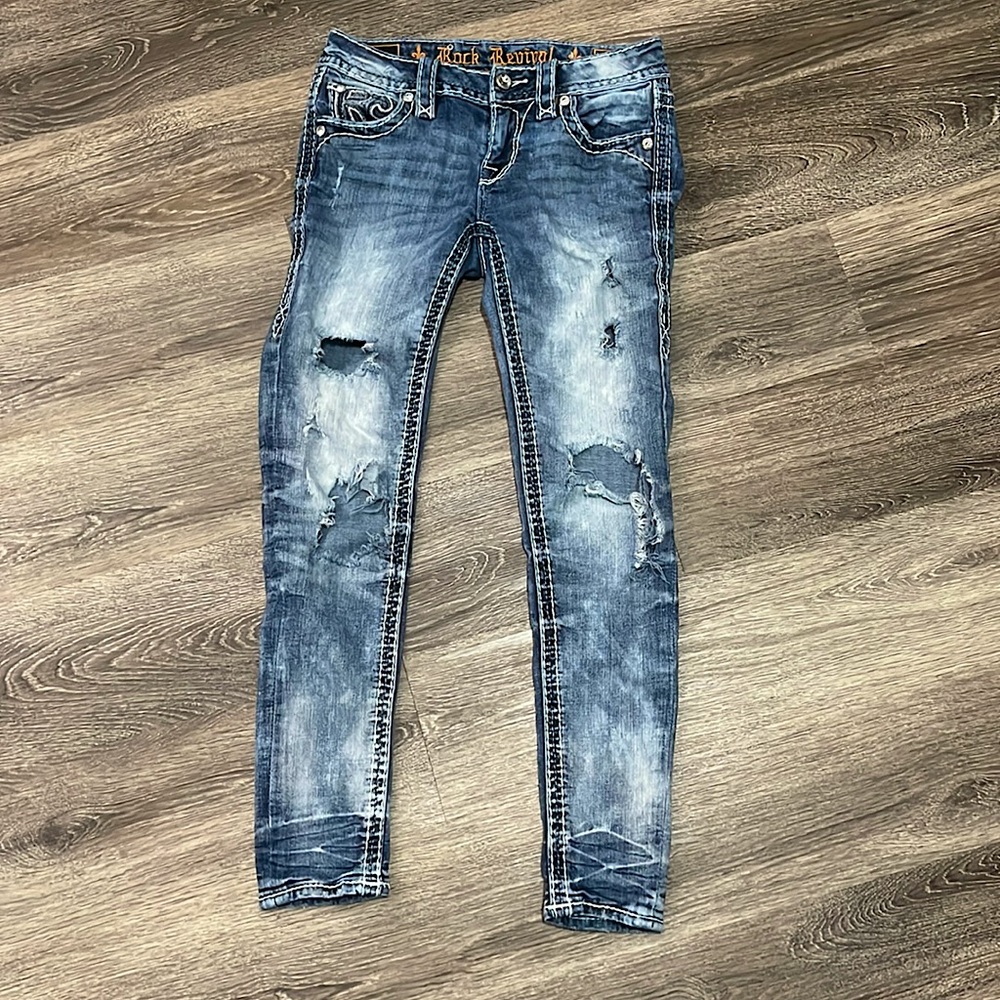 Rock Revival light wash skinny jeans, size 24, lightly worn.